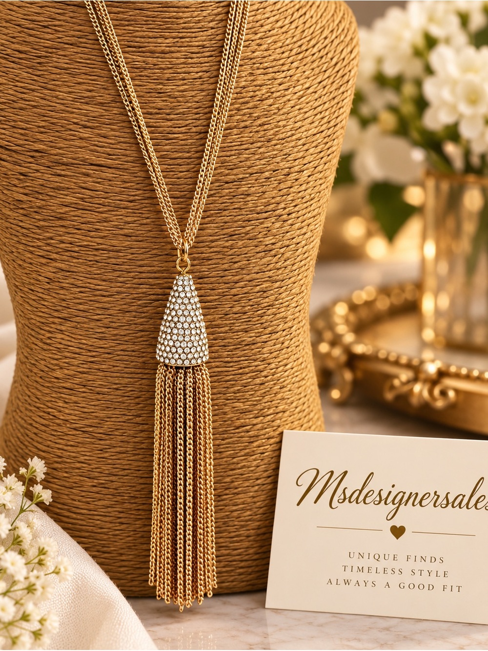 Gold Tassel Pendant Necklace with Crystal Cap -